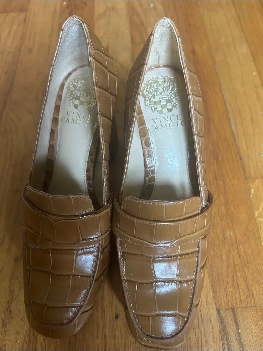 Vince Camuto Cognac Croc-Embossed Platform Loafers